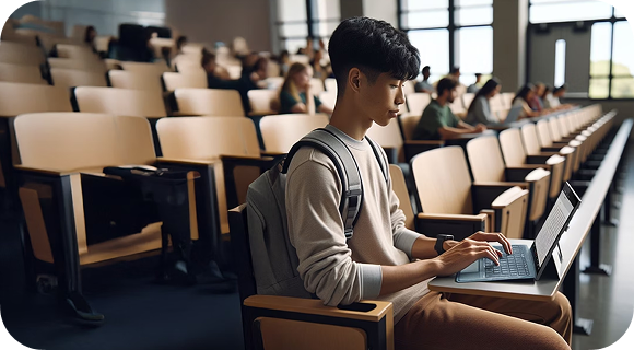A student using an AI assistant to take notes during class