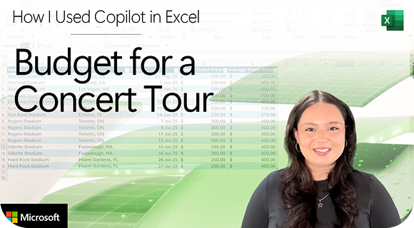 A Youtube video thumbnail reading “How I used Copilot in Excel. Budget for a Concert Tour.” with a woman standing in front