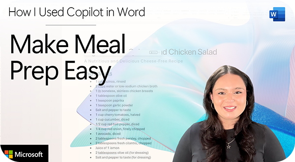 A Youtube video thumbnail reading “How I used Copilot in Word. Make Meal Prep Easy” with a woman standing in front