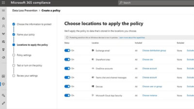 Microsoft 365 compliance screen showing policy location selection with toggleable services and a sidebar highlighting Locations.