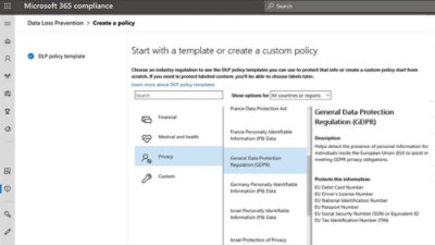 Microsoft 365 compliance dashboard creating a DLP policy, with Privacy templates selected showing GDPR data types and details.