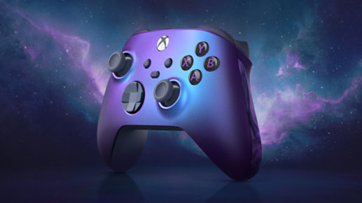 A right angle front view of the Xbox Wireless Controller - Stellar Shift Special Edition in front of a cosmic background.