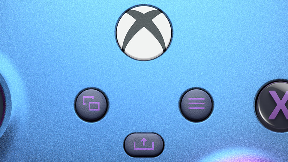 Primo piano dell'effetto luccicante blue-purple cangiante sulla parte anteriore del controller wireless per Xbox - Stellar Shift Special Edition.