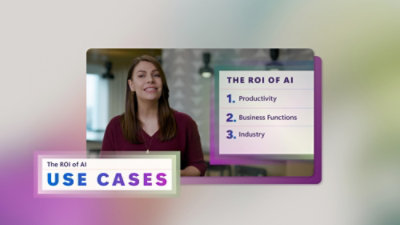 A woman in a purple shirt smiling next to a sign displaying The ROI of AI and related text.