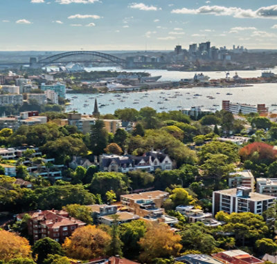 Aerial view of a coastal city with harbor, bridge, boats, and tree‑lined neighborhoods.