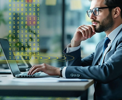 A man with spects working on a laptop