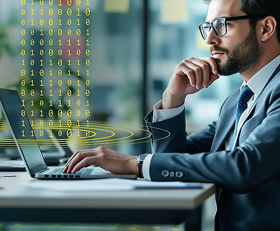 A man with spects working on a laptop