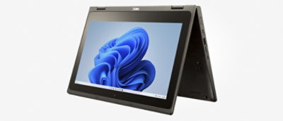 画面に青い渦巻き模様が表示されたノート PC。