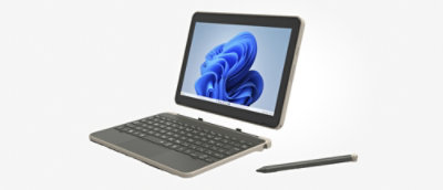 画面に青い渦巻き模様が表示されたノート PC。