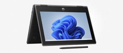 画面に青い渦巻き模様が表示されたノート PC。