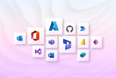 Grid of app icons on a pastel background includes Microsoft Outlook, Office, Azure, GitHub, Power Apps, and others, conveying a tech theme.