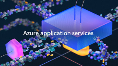 A blue square with wires and the text Azure application services.