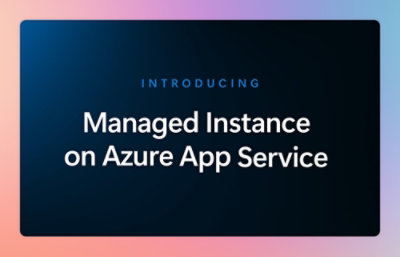 A blue and pink background with white text that reads INTRODUCING Managed Instance on Azure App Service.