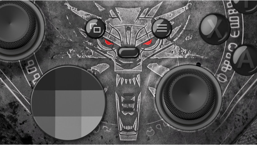 Close up of the wolf icon on Xbox Elite Wireless Controller Series 2 – Core – The Witcher 3 10th Anniversary Special Edition. 