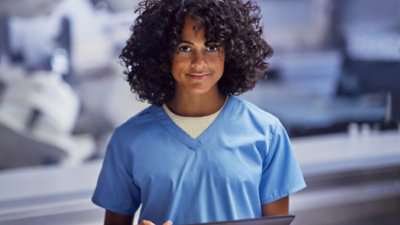 A person wearing a blue shirt.