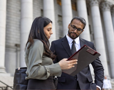 A man and a woman looking at the screen and discussing