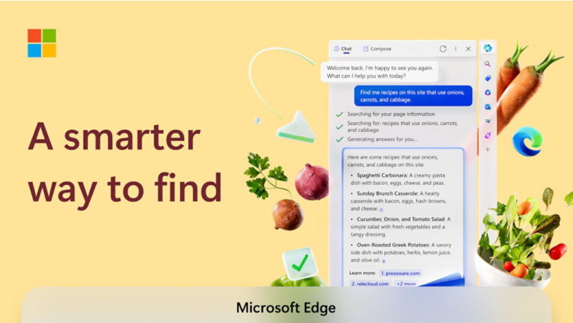 A screen showing a chat box with Compose in the Microsoft Edge sidebar and floating vegetables on the screen