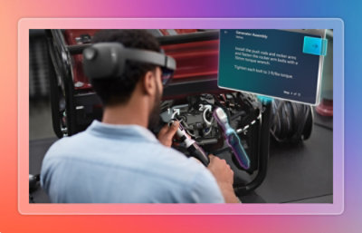Technician using augmented‑reality guidance to assemble mechanical components with on‑screen instructions.