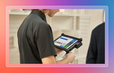 A person holding a tablet.