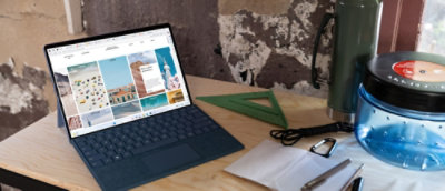 A laptop on a table.