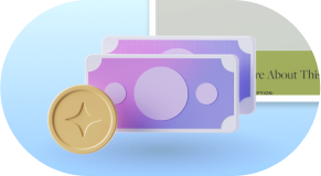 a coin floating in front of two dollar bills