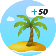 +50 Bonus points icon with a palm tree on a beach