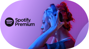 Spotify Premium logo with a profile of a woman listening on headphones