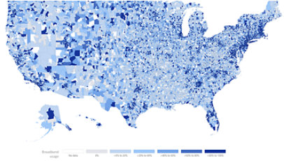 Map of the United States color coded by broadband usage per county.