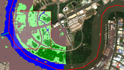 Satellite view of a city with color coding to show land cover.