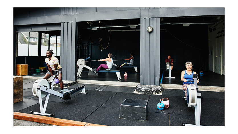 Athletes working out inside and outside a gym.