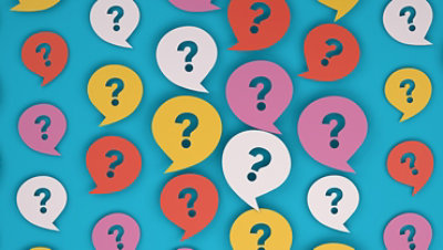 Collage of colorful question marks on speech bubbles.