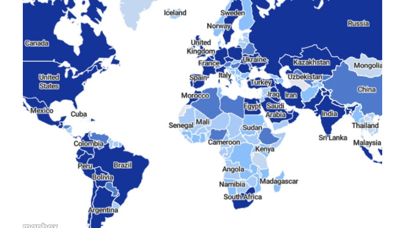 World map showing spread analysis by country/region..