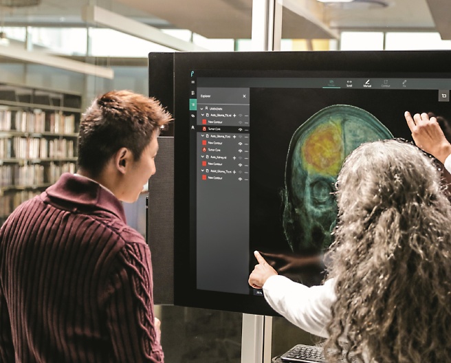 Two people having a conversation and viewing brain scans on a large screen 