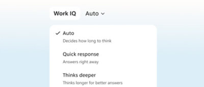 Work IQ interface demonstrating automatic model selection for tasks.