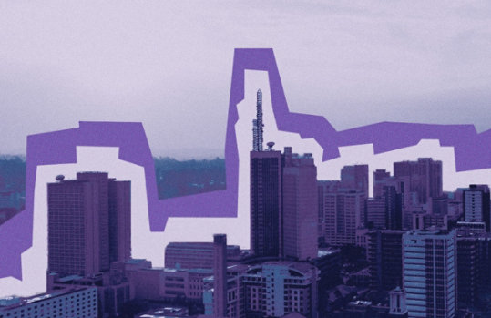 Stylized Kenya city skyline with high rise buildings, overlaid with an abstract purple outline tracing the horizon.