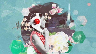 A collage with a woman in a space helmet in the center.