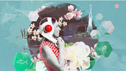 A collage with a woman in a space helmet in the center.