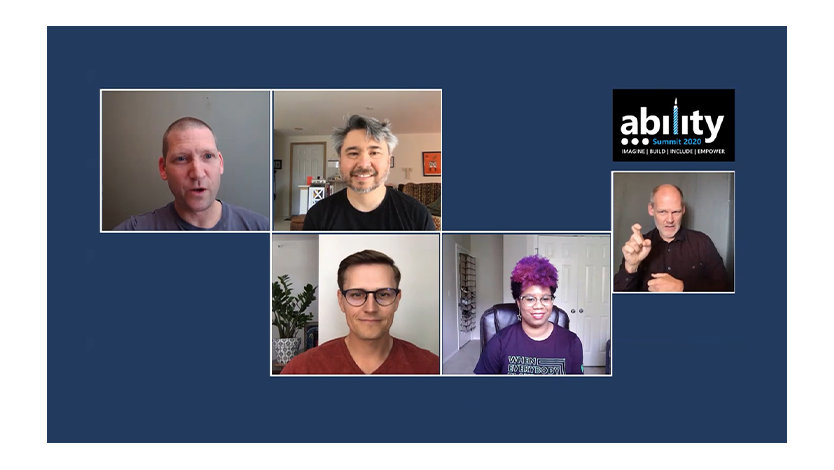 Cinco pessoas, uma assinando, participando de uma reunião virtual com o logotipo do 2020 Ability Summit no canto.