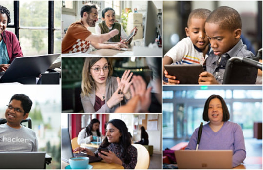 Collage of a variety of individuals with various disabilities interacting with others and using technology