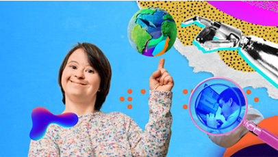 Uma colagem com uma pessoa sorrindo e uma mão robótica apontando para uma ilustração do Planeta Terra. Ao fundo, uma lupa mostra uma pessoa usando o recurso de ampliação em um laptop.