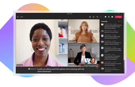 A Teams video call with four participants with live captions displayed along the bottom of the screen and the call transcript displayed on the right and the Microsoft Teams logo on their right.