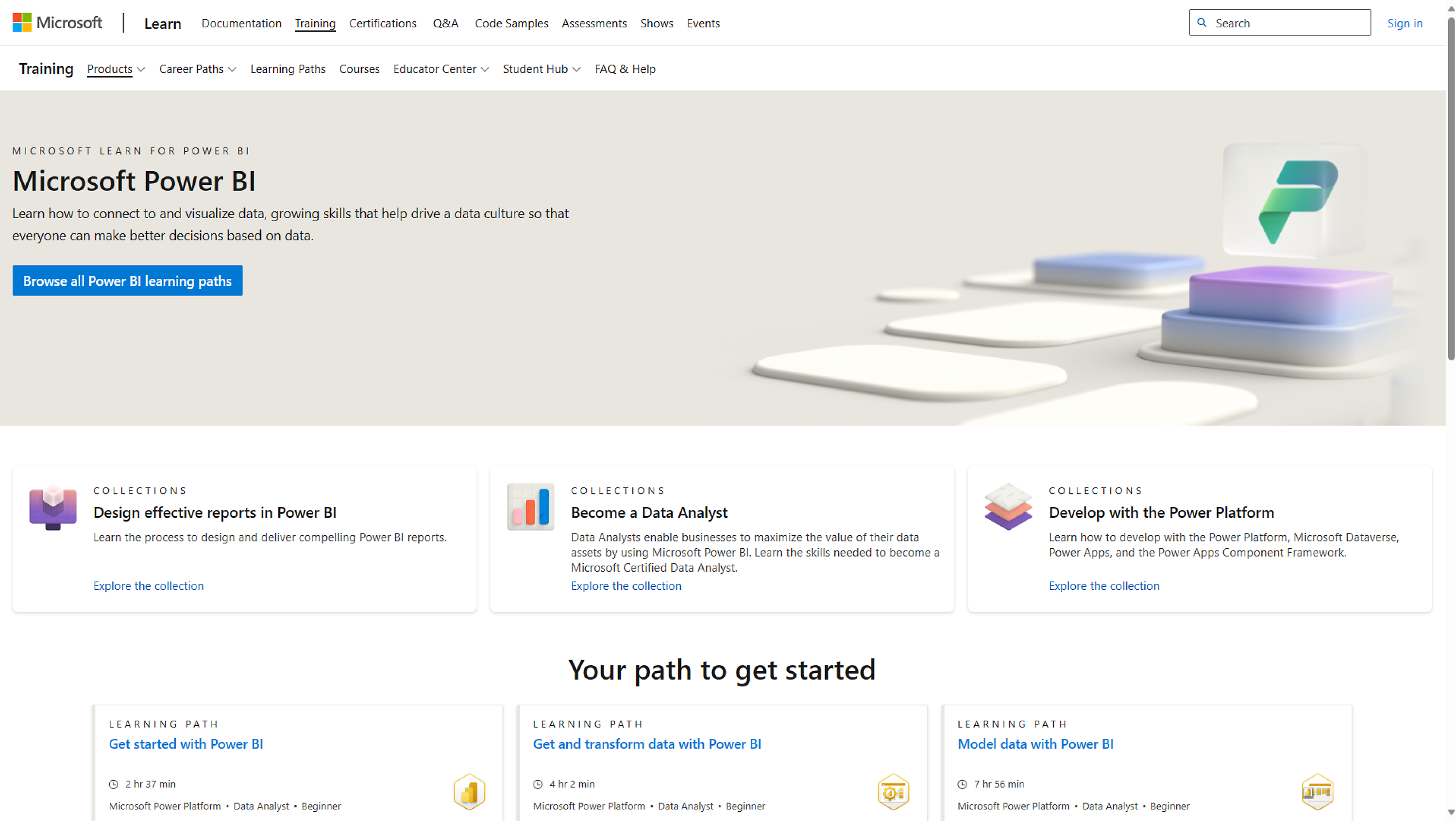 Captura de ecrã da página do Microsoft Power BI