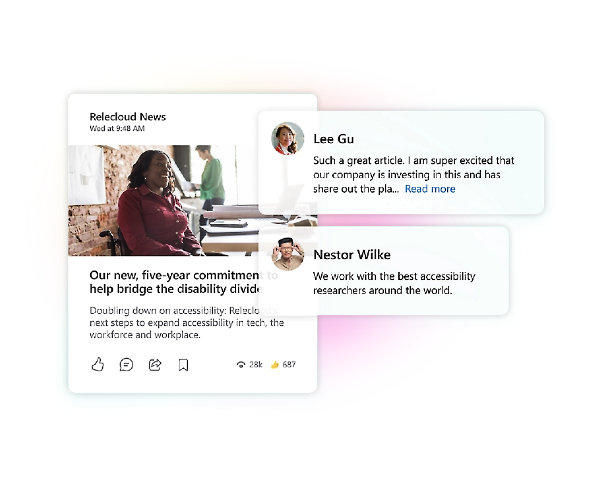 ממשק של אפליקציית מדיה חברתית שמציג פרסומים הקשורים לנגישות ולפתרונות לבעלי לקות במקום העבודה.