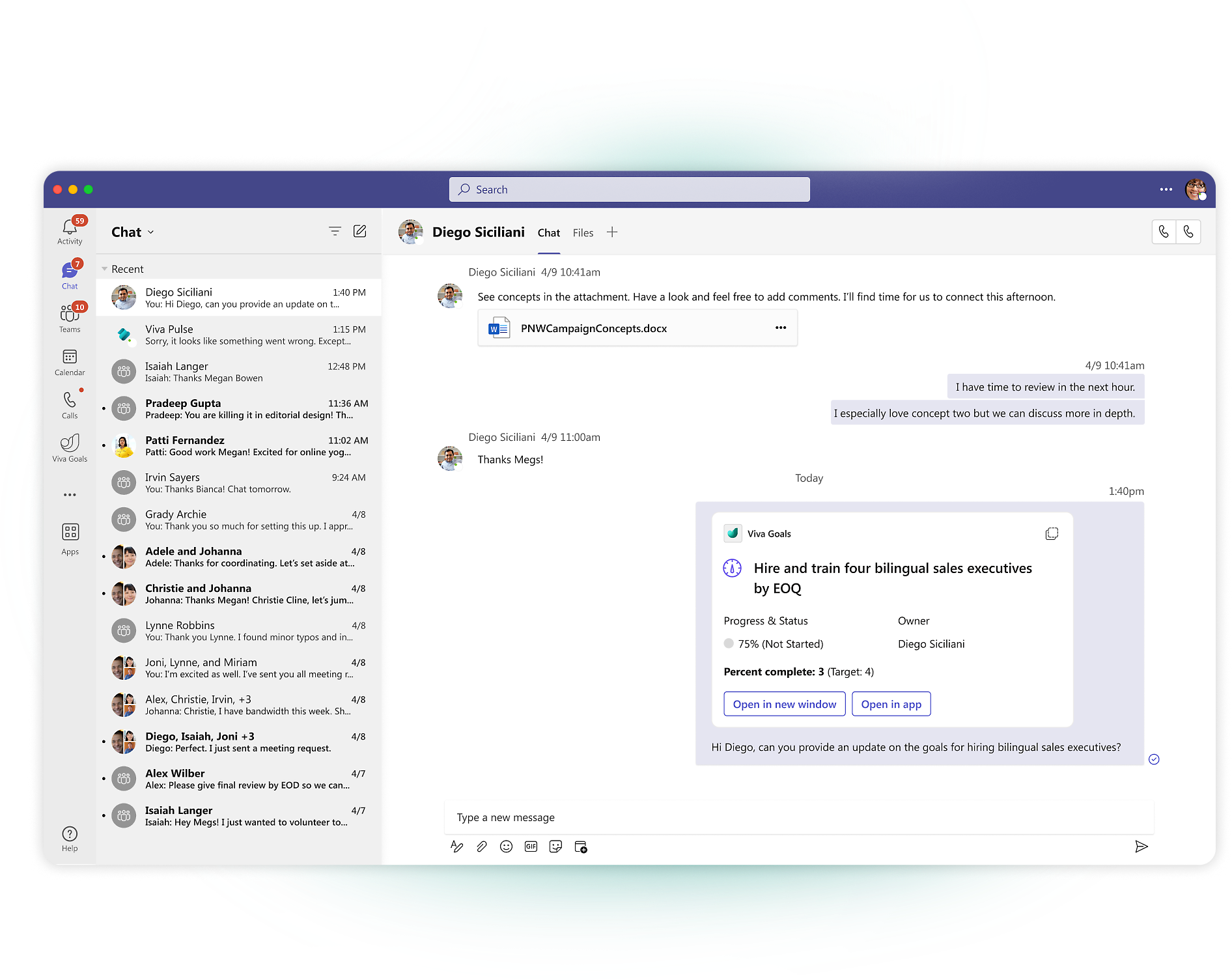 Pantalla de ordenador que muestra una aplicación de chat abierta con varias conversaciones y un intercambio de mensajes destacado.