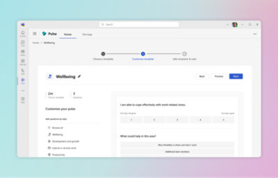 Pulse: Mukauta, lisää vastaanottajia, esikatsele ja valitse kysymyksiä hyvinvointiarviointiin