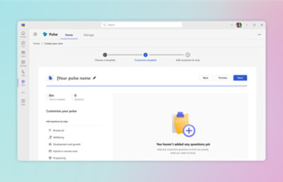 Pulsen luominen: Valitse malli, mukauta ja lisää vastaanottaja, nimi sekä kysymykset saadaksesi tietoja.