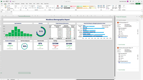 A screen shot of a business dashboard in microsoft office.