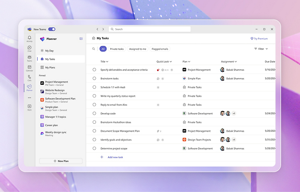 Microsoft Teams interface showing task lists, schedules, and project management details