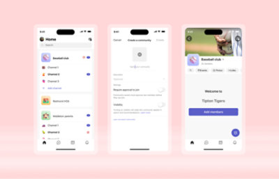 Three iPhones displaying the app on their screens.