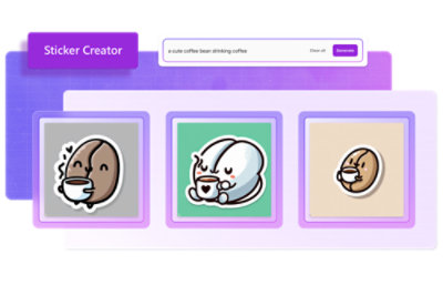 Digitale interface van de Sticker Creator-functie met drie stickers: schattige koffiebonen die koffie drinken
